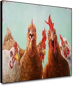 Canessioa Framed Wall Art Woodland Animals Art Print Adorable Colorful Texture Chicken Rooster Hen Painting 18"x12" Canvas Cartoon Inspirational Picture Farm Home Kitchen Outdoor Decor Poster Prints