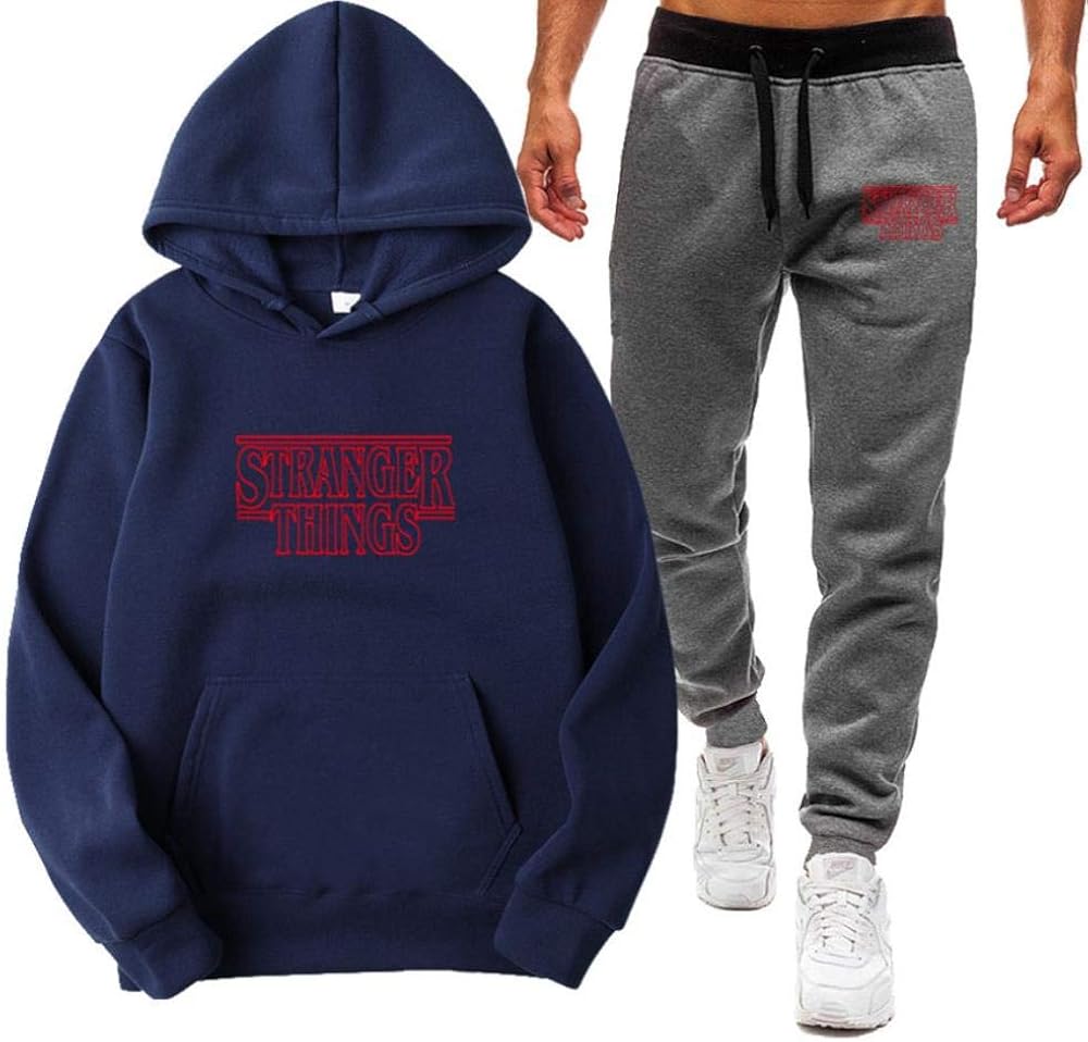 gray pants blue sweater