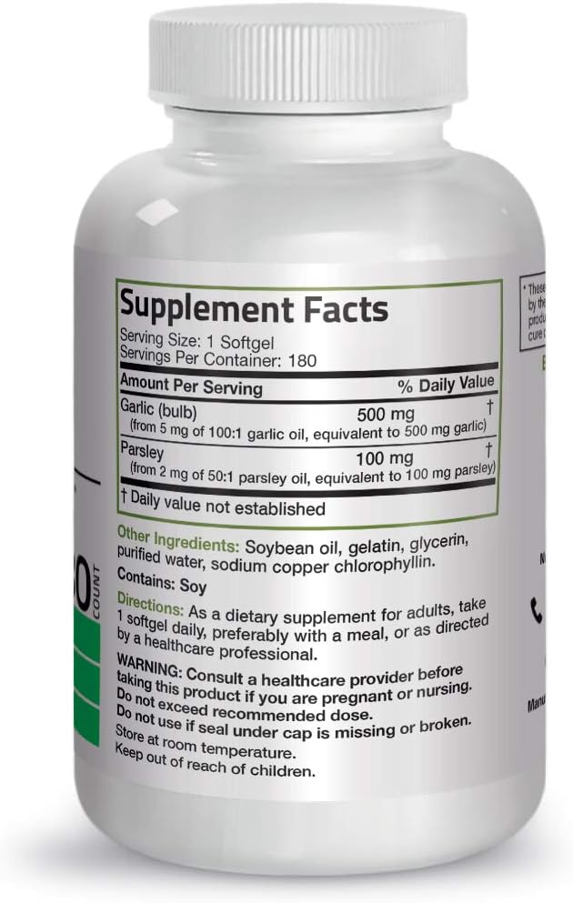 Bronson Odorless Garlic with Parsley Capsules 500 mg - Supports Cardiovascular Health - Promotes Immune Function, Non-GMO, 180 Softels: Health & Personal Care