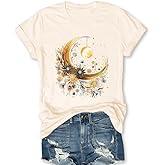 Women Mystical Sun and Moon Shirts Vintage Wildflower T Shirt Hipped Graphic Tees Short Sleeve Vacation Tops