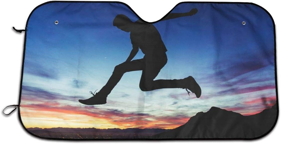 Car Windshield Sun Visor with UV Protection, Car Sunshade 27.5 X 51 Infor Easy Use Silhouette of Man Jumping Near Mountain