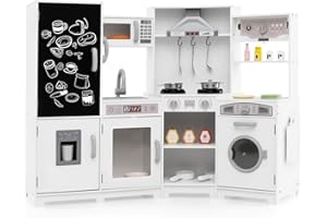 HONEY JOY Corner Play Kitchen, Large Wooden Pretend Toy Kitchen Set w/Lights, Ice & Coffee Maker, Range Hood, Chalkboard, Mic