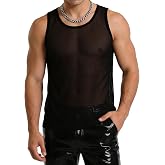 BBO FACTORY Men's Casual Tank Tops Fishnet Mesh See Through Muscle Shirt Sleeveless Crew Neck Vest Club Rave Gym Tee Summer