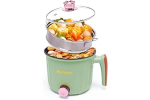 Rixhbvn Hot Pot Electric with Steamer, Rapid Noodles Cooker,Non-Stick Electric Pot for Raman, Soup, Noodles, Steak, Oatmeal, Rapid, with Temperature control, (Rotary switch), 1.8L,Green