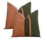 Vfuty Set of 2 Olive Green Decorative Throw Pillow Covers 18x18 Inch Faux Leather and Cotton Patchwork Pillowcase for Sofa Couch Bed Modern Farmhouse Boho Decor