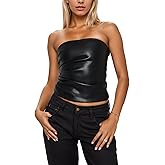 ISZPLUSH Women’s Tube Cropped Camisole Tops Sexy Ruched Strapless PU Leather Club Party Y2K Going Out Outfit Bandeau