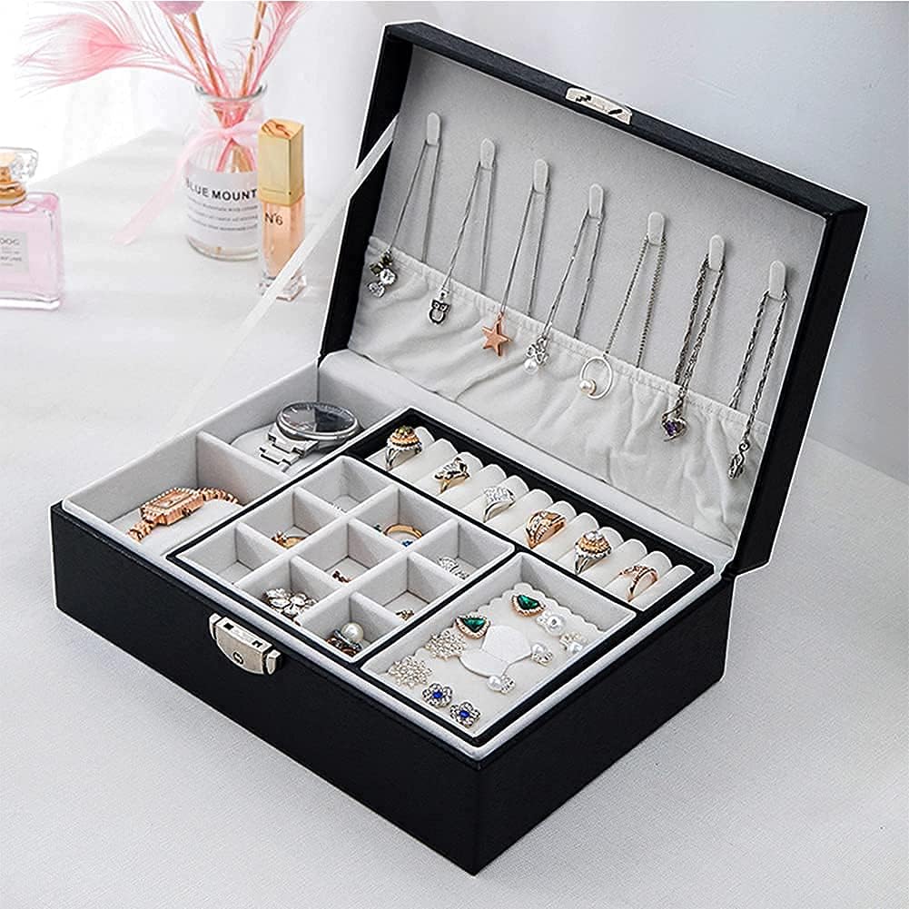 PUFIER Two Layer Senior Flannel Jewelry Organizer with 2 Watch Case Jewelry Box Waterproof Leather Jewelry Storage Case Necklace Rings Earings Display Holder for Women Girls gift: Home Improvement