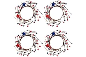 JOYAVO 4PCS Mini Wreath Red White & Blue Star Mixed Berries & Pip Berry Candle Rings, Patriot July 4th Berries Candle Rings Small Wreaths,4 inch Center for Pillar Candle Tabletop Decor