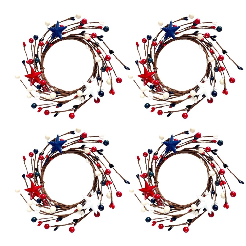 Photo 1 of 4PCS Mini Wreath Red White & Blue Star Mixed Berries & Pip Berry Candle Rings, Patriot July 4th Berries Candle Rings Small Wreaths,4 inch Center for Pillar Candle Tabletop Decor