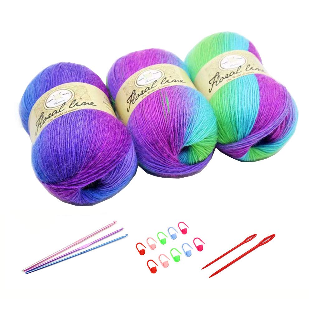 3X 100g Rainbow Wool Yarn Balls Chunky Knit Double Pom Pom Coloured Chunky Wool with 3 Crochet Hooks, 2 Needles, 10 Crochet Locking Stitch Markers for Beginners (209)