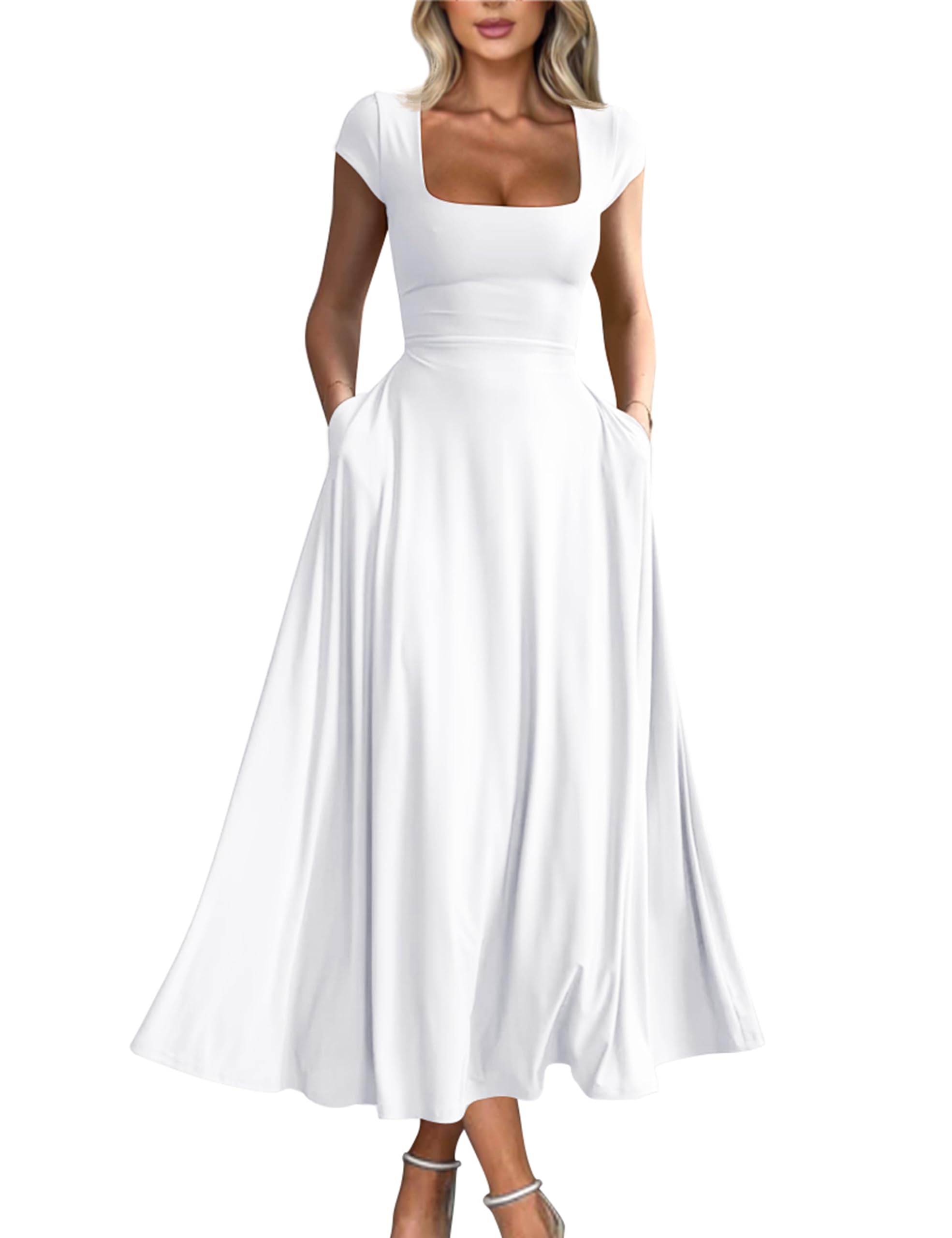 Photo 1 of YMDUCH Women's Casual Short Sleeve Square Neck Solid Slim Flowy Maxi Dress with Pockets White- S 