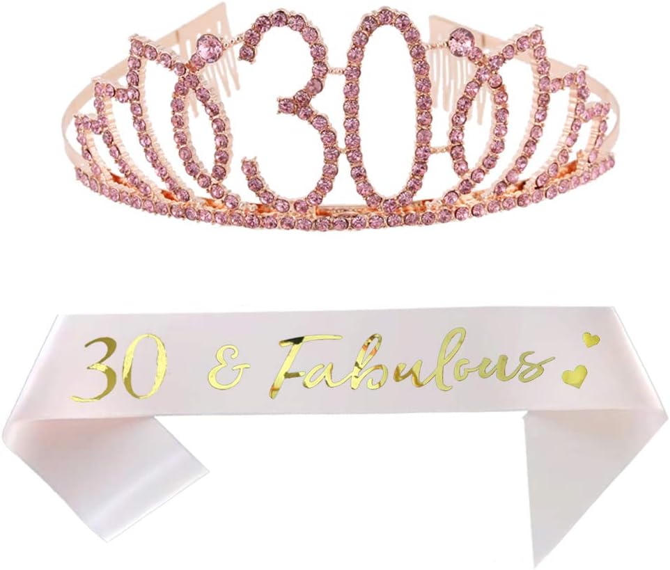 30th Birthday Tiara and Sash Happy 30th Birthday Party Supplies 30 Fabulous Champagne Glitter Satin Sash and Pink Crystal Tiara Princess Birthday Crown for Women 30th Birthday Party Decorations