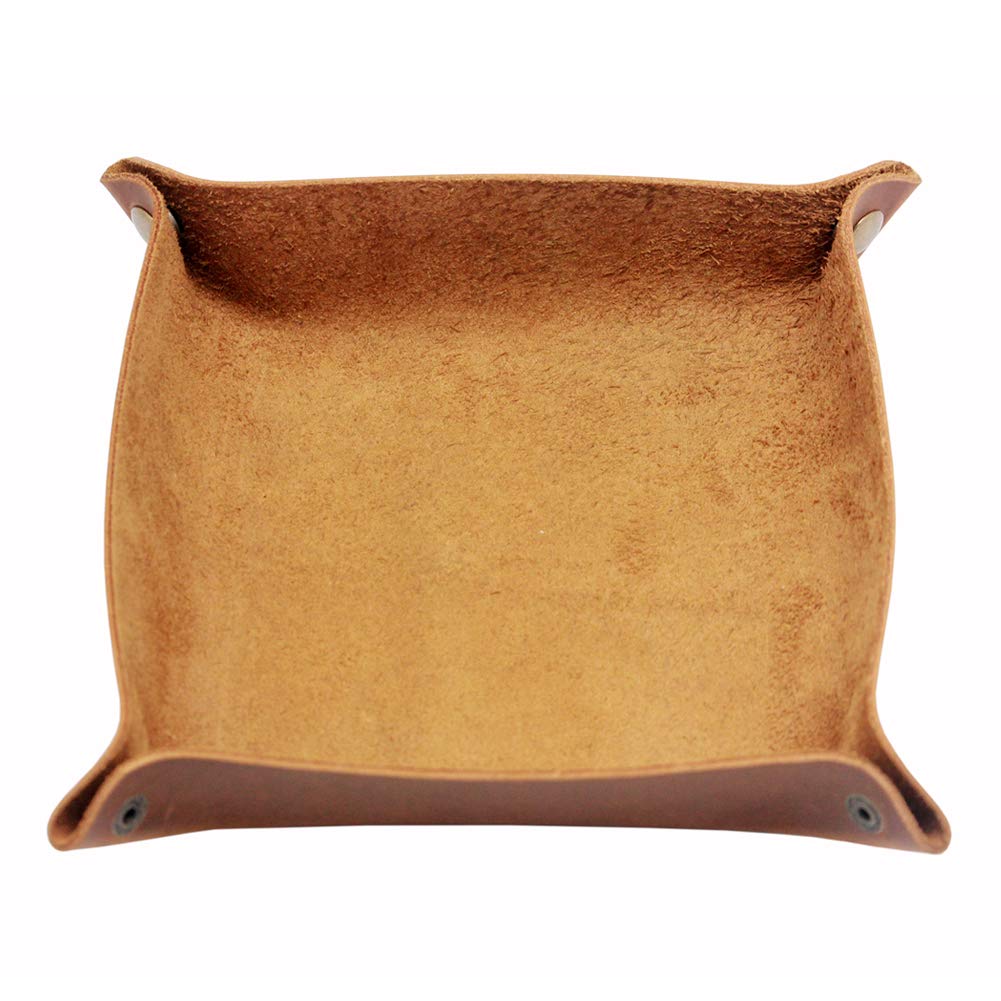 Boshiho Leather Valet Tray, Cowhide Leather Catchall Coin Tray for Key Change Caddy, Bedside Tiny Tray Key Phone Jewelry Storage Container Box (Light Brown)