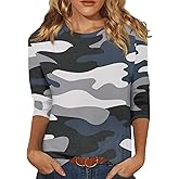 slqdgmryz 3/4 Length Sleeve Womens Tops Camo Shirt Printed Crew Neck T Shirts Loose Three Quarter Casual Dressy Blouses