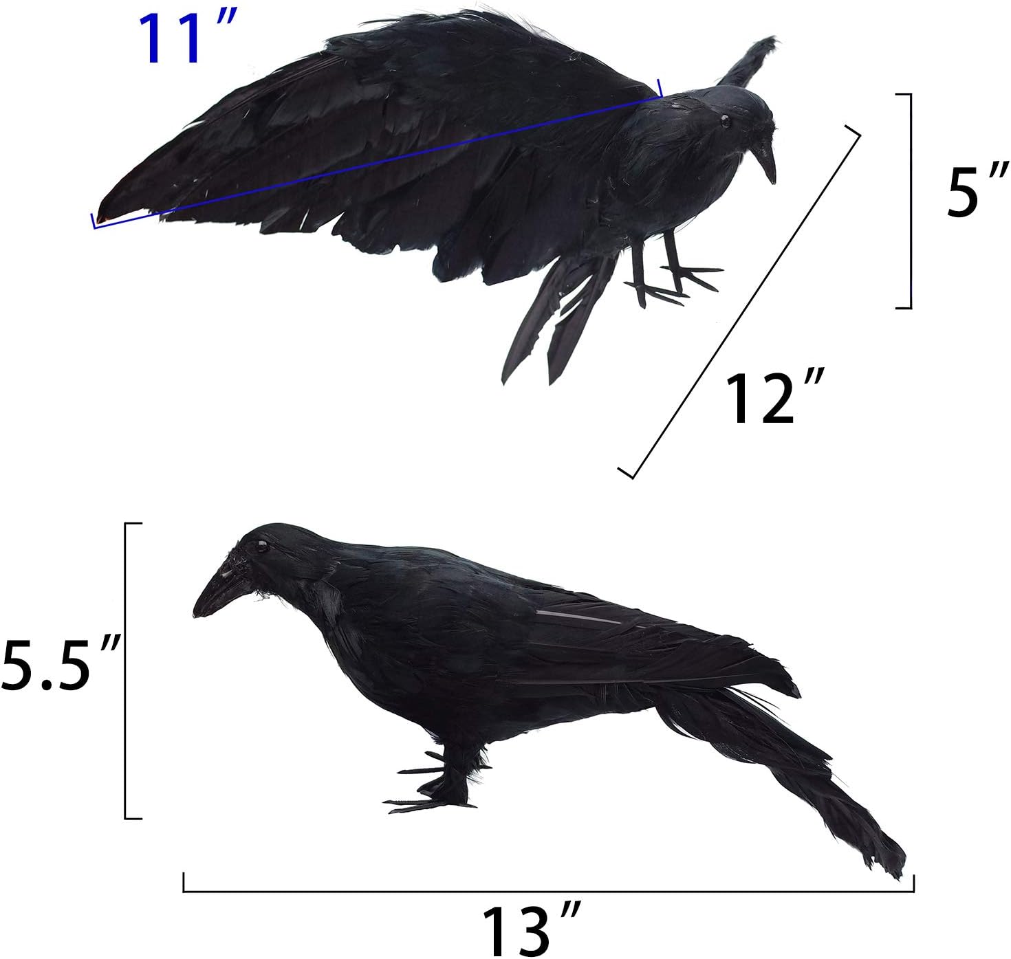 2-Pack Realistic Crows Lifesize Extra Large Handmade Black Feathered Crow for Halloween Decorations Birds, L (13 inch+12 inch) : Garden & Outdoor