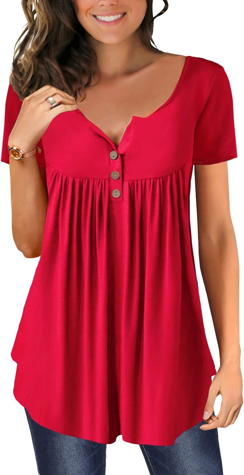 Mystry Zone Womens Henley V Neck Casual Blouse Button Down T Shirts Flare and Flowy Tops