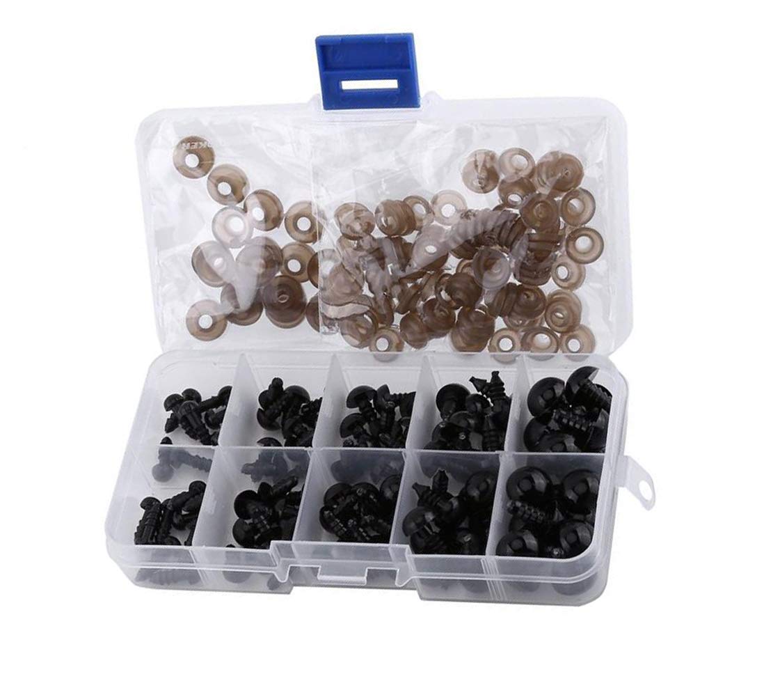 VASANA 100PCS 6-12mm Plastic Black Safety Eyes Noses with Washers Storage Box for Doll Making DIY Sewing Crafting Buttons for Puppet Bear Doll Stuffed Animals Toys