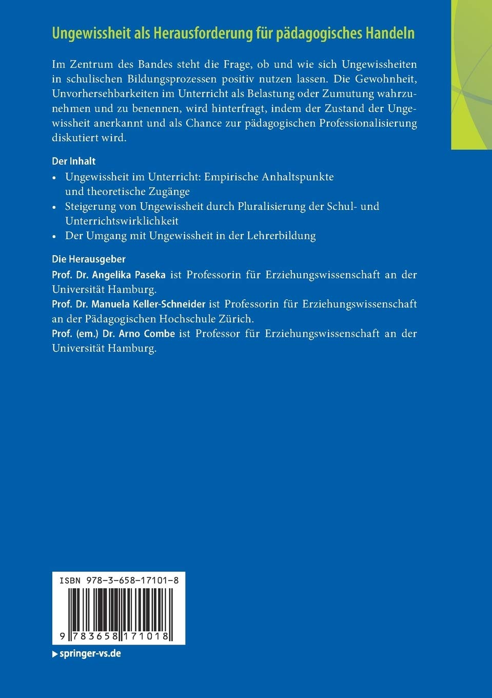 Ungewissheit Als Herausforderung Fur Padagogisches Handeln Amazon De Paseka Angelika Keller Schneider Manuela Combe Arno Bucher