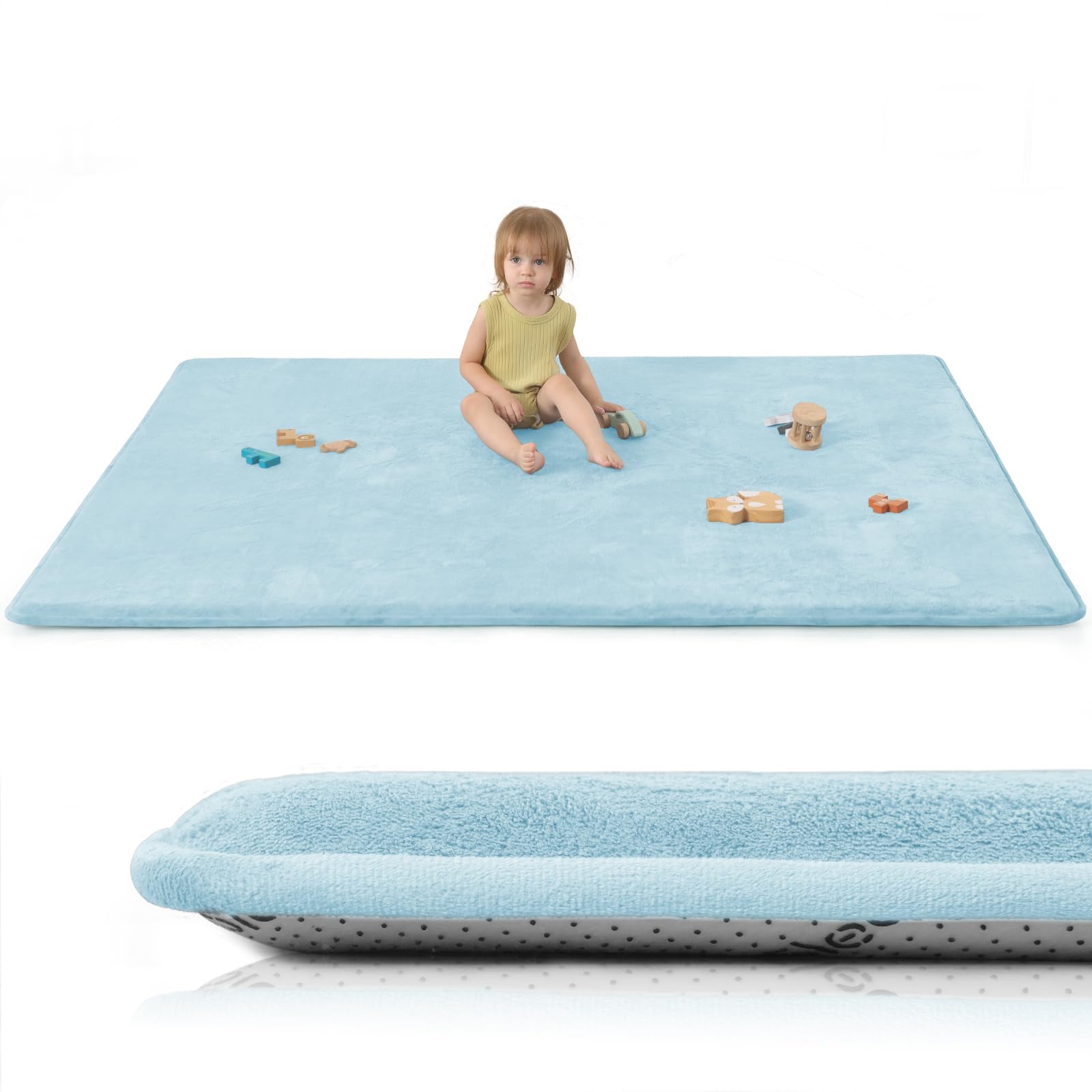 Baby Play Mat for Floor,Extra Large 59"×71" Playpen Mat for Tummy Time,Thicker Padded Elasti Foam Activity Mats,Water Repellent Ultra Soft Velvet,Non-Slip Backing Safe（Light Blue） Image