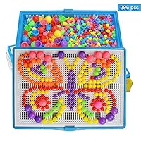SunBabyGood 296 pcs Jigsaw Puzzle Mushroom Nails Pegboard Educational Building Blocks Bricks Creative DIY Mosaic Toys 3D Games Birthday Christmas Party Gift for Kids Birthday Gifts for Kids