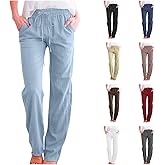 FOCLMP Womens Linen Pants Gauze Summer Lightweight Straight Leg Elastic Waist Trouser Casual Slim Fit Vacation Travel Clothes