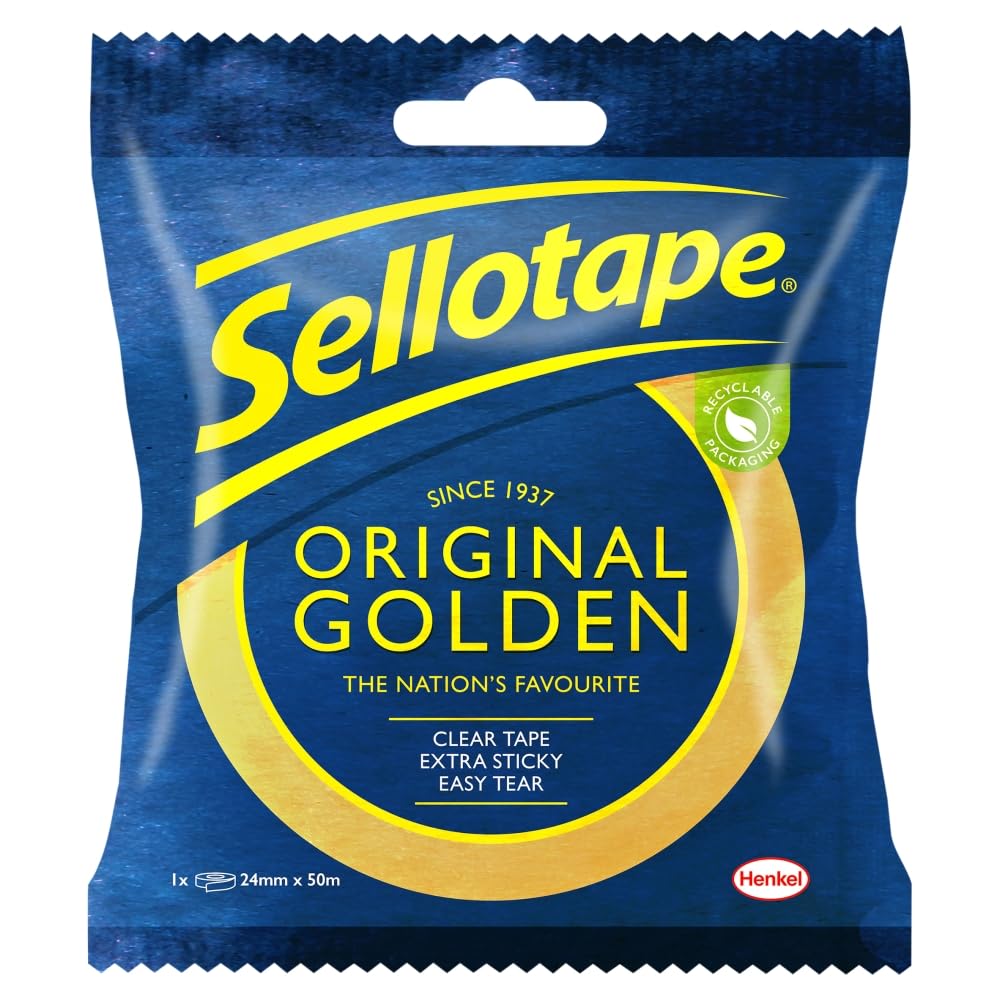 Sellotape Original Golden, Multi-Purpose Clear Tape for Household Objects, Clear Packing Tape for Sticking Envelopes or Cards, Easy to Use & Extra Sticky Packaging Tape, 24mm x 50m
