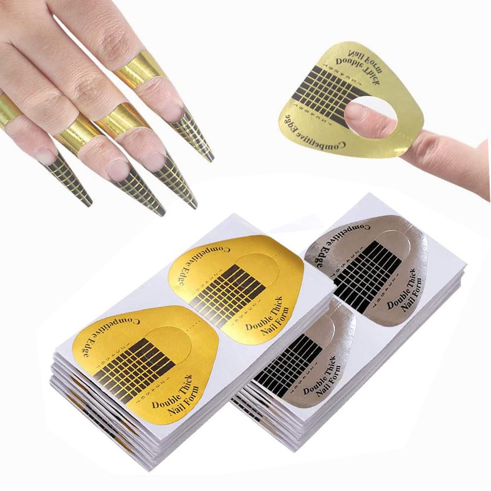 Photo 1 of VNC 200Pcs Long Nail Forms Extension Set 100 Pcs Gold + 100 Pcs Silver Nail form guide stickers Thick Nail Art Tips Extension Forms Durable Acrylic Nail Paper Forms Numbers Marked Nail Former Stickers