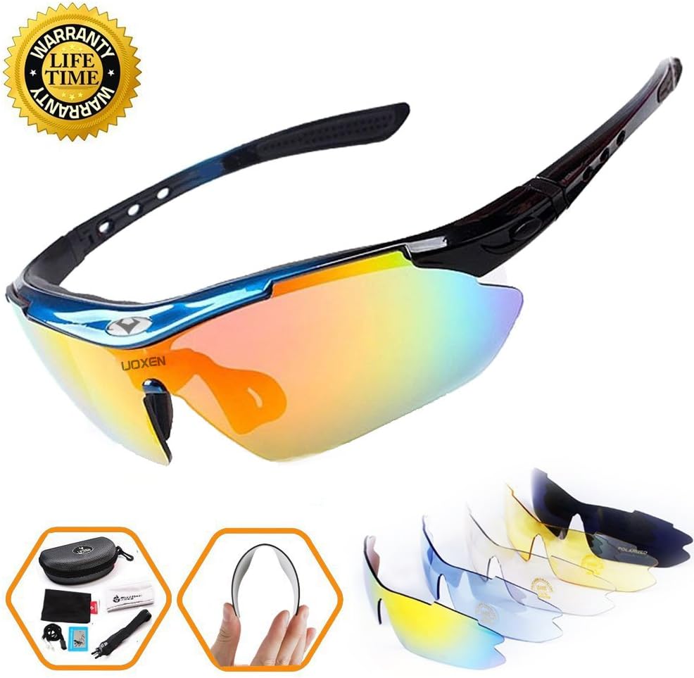 Polarized Sports Sunglasses UV protection Lenes for Driving Cycling Running Fishing Golf Baseball Unbreakable Unisex Night Vision Glasses with 5 Interchangeable for Men Women
