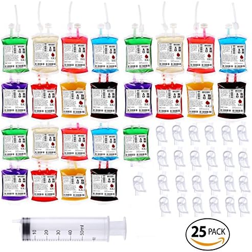 Spidermarket Set of 25 Blood Bag Container Vampire Costumes Blood Bag 12 Fl Oz/ 350cc with Syringe and Blood Type Stickers