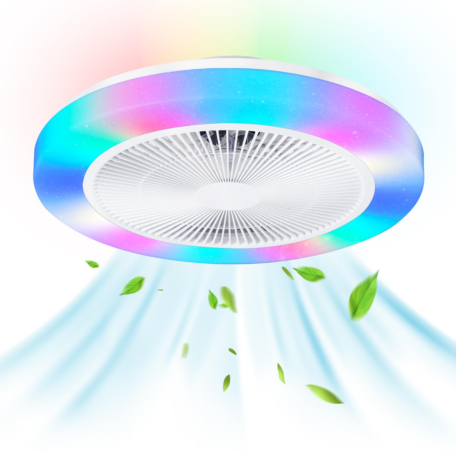 Photo 1 of Low Profile Ceiling Fan with Light, 19.6in RGB-LED Dimmable Enclosed Ceiling Fans with APP Control, 6 Speeds Bladeless Flush Mount Enclosed Ceiling Fan for Bedroom Kids Room Party(White)