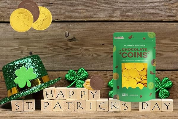 ST. PATRICK’S DAY 50 CHOCOLATE COINS LUCKY GOLD COINS FOILS, SHAMROCK CLOVER BELGIAN MILK CHOCOLATE COINS BAG NUT-FREE SINGLE