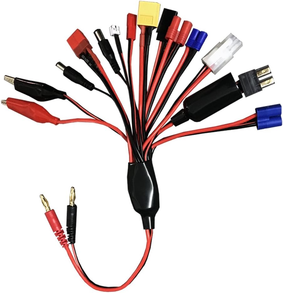 RC Lipo Battery Charger Adapter 13 in 1 Multifunciton Cable to 4.0mm Banana Plug for Traxxas Tamiya EC3 JST Futaba XT60 T-Dean EC2 HXT3.5 (3.5 Banana Plug) Micro Ultra Plug Tamiya DC 5.5 Lines