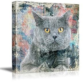 Square Cat Series Canvas Wall Art - A Grey Cat on Colorful Grunge Background - Giclee Print Gallery Wrap Modern Home Art Ready to Hang - 12x12 inches