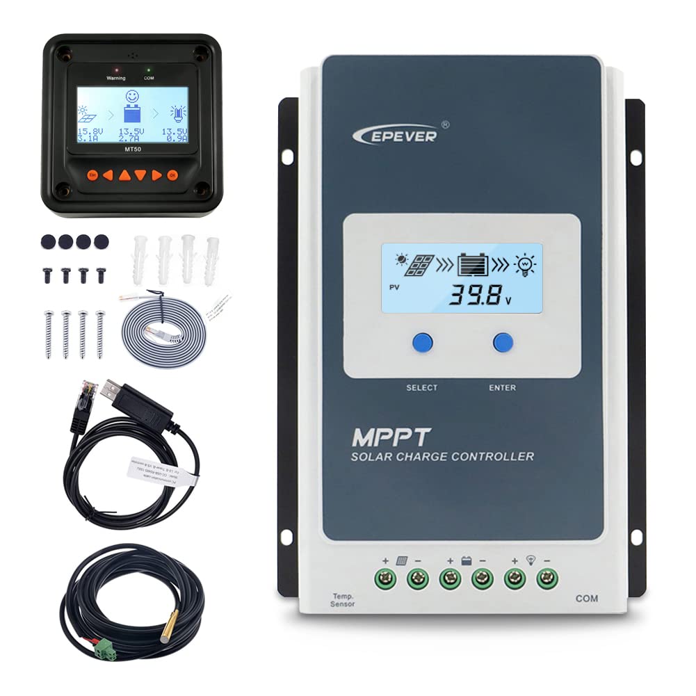 Photo 1 of EPEVER 20A Solar Charge Controller MPPT 12V / 24V Auto Max.PV 100V Input Negative Ground Solar Panel Charge Regulator with MT50 Remote Meter Temperature Sensor RTS & PC Communication Cable RS485
