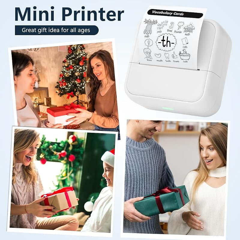 Mini Impresora para Movil, Impresora Fotográfica con 6 Rollos de Papel Térmico, Bluetooth Inalámbrico Portátil Impresora Termica, Impresora de Calcomanías para Teléfono Android iOS (Blanco)