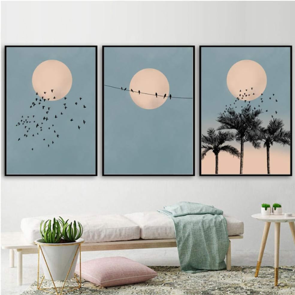 Pared Sol Luna Pájaro Palmera Paisaje Arte de la Pared Pintura de la