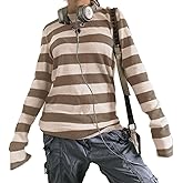 Pivanzore Womens Grunge Striped Shirt Vintage Long Sleeve Crew Neck Slim Gothic Tops Y2k E Girl Aesthetic Blouse Streetwear