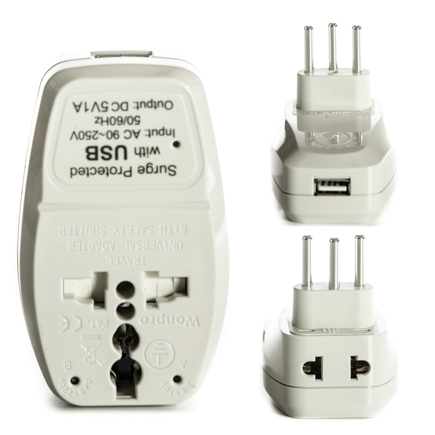 OREI 3 in 1 Italy Travel Adapter Plug with USB and Surge Protection - Grounded Type L - Italy & More - CE Certified - RoHS Compliant WPU-L-GN