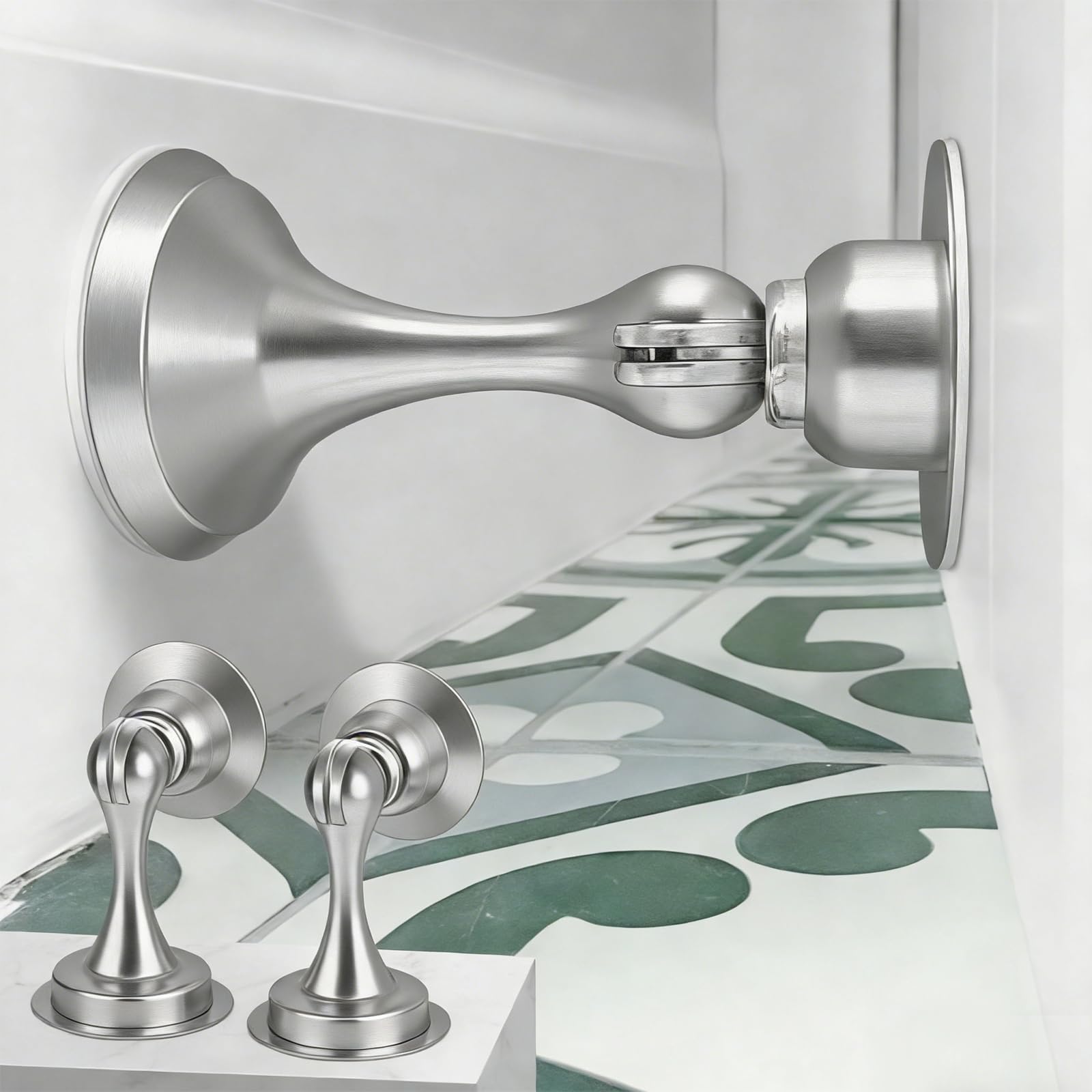 Door Stops 2 Pack, Magnetic Door Stoppers, No Driiling, Stainless Steel Door Catch Holder with Double-Sided Adhesive Tape, Silver