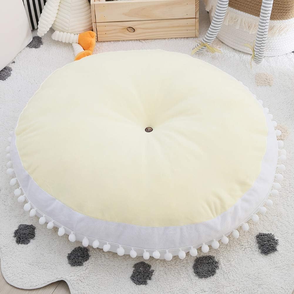 Kids Floor Pillow Cushion Seating Round Large Floor Cushion, Oversized Circle Pillow for Reading Nook Canopy Nursery Playroom Teepee Meditation, Soft Big Circular Cushion with Cute Pompom, Beige 23.6": Kitchen & Dining