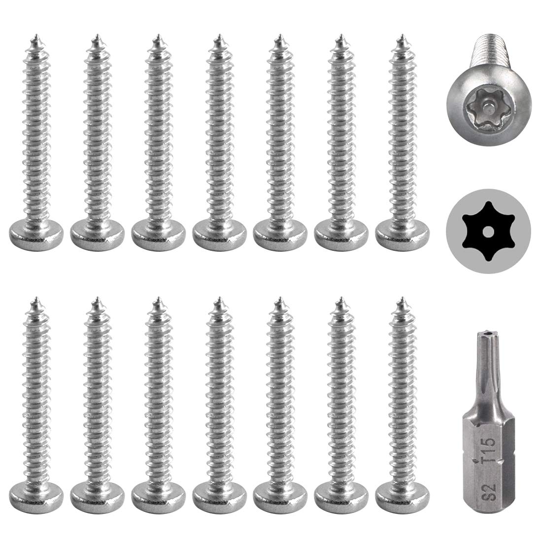 Hilitchi 50 Pcs M3.5 x 25mm Stainless Steel Button Head Torx Sheet Metal Screws Self-Tapping Security Silver Screws Anti-Theft Tamper Proof with Bit T15