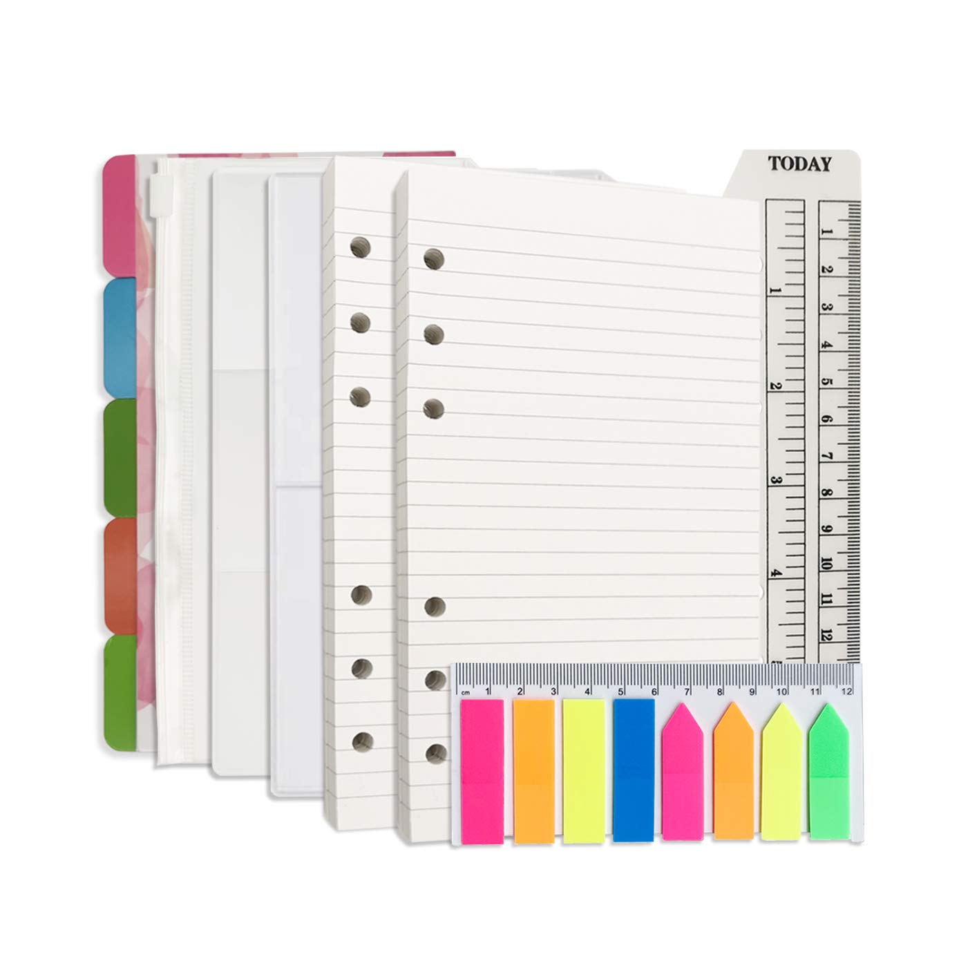 Lined Refill Paper Kit for Filofax Personal Size Planner/Binder, 100 Ruled Sheets, 5 Dividers + 3 PVC Pockets + 160 Colored Index Tabs + 1 Quick Page Finder, 9.5x17.1cm