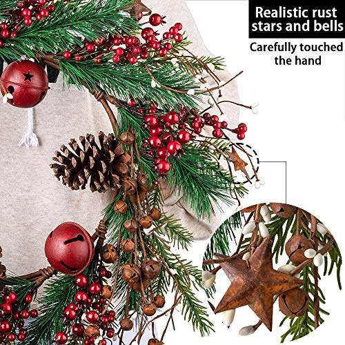 HOLICOLOR Christmas Wreath, Garland with Bells and Stars, 23×23inch Christmas Door Decoration, Holiday Decoration