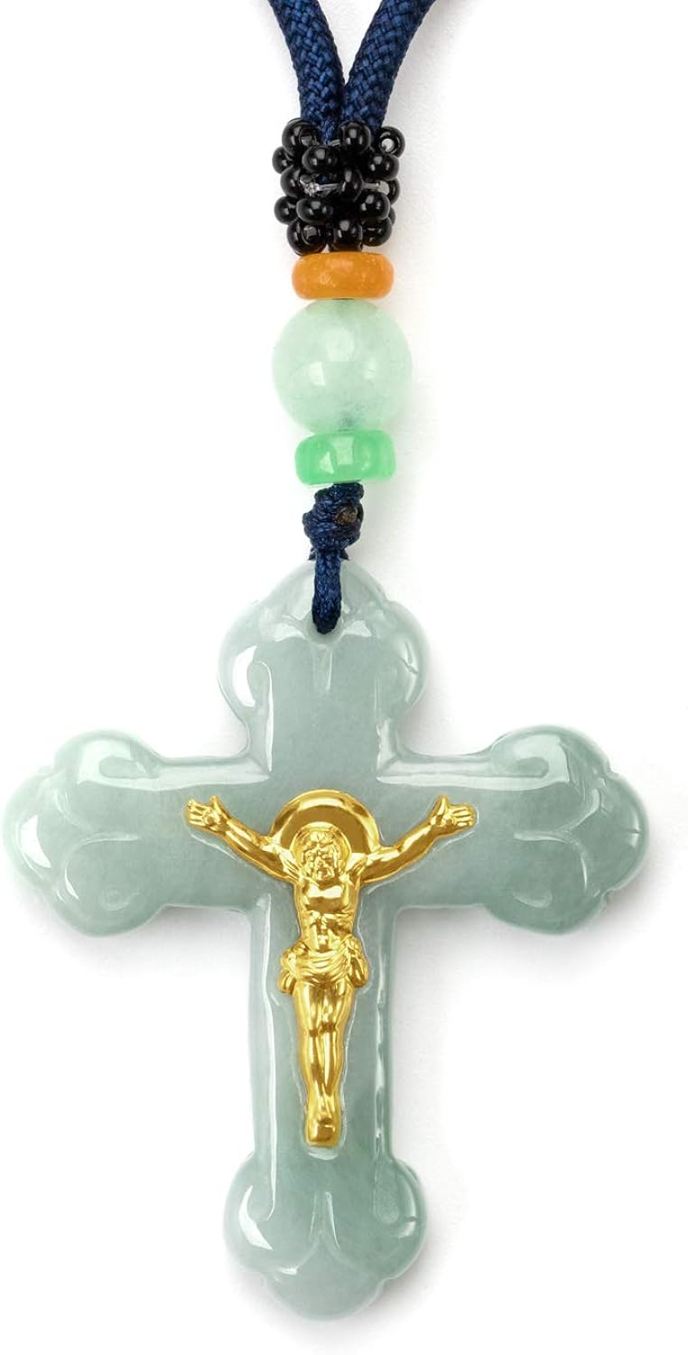 22K YellowGold Foil Jesus Jade Natural Jadeite Cross Necklace Pendant
