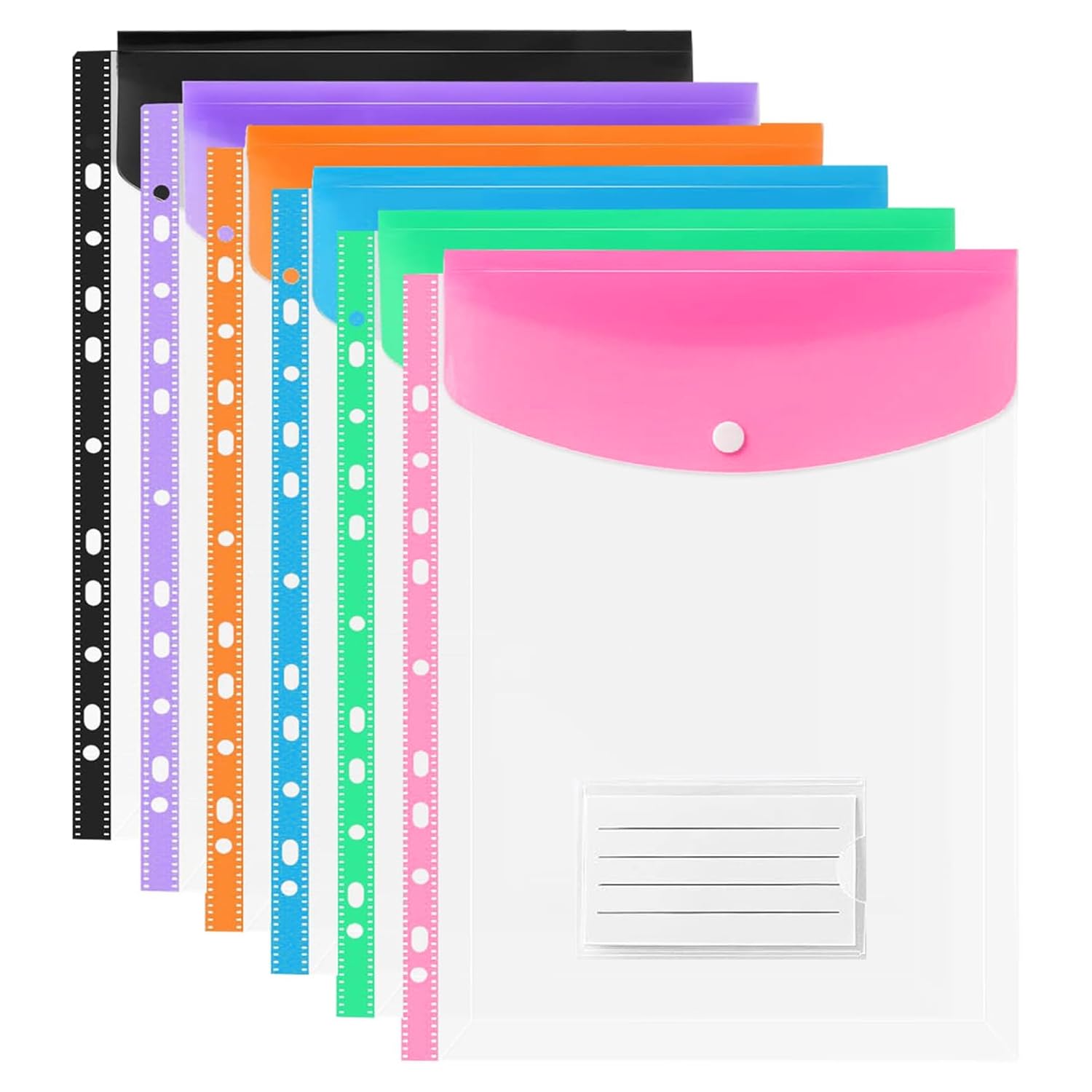 Multicolor Punched Pockets A4 Plastic Transparent Wallets Expandable Folder Snap Closure Large Capacity Binder Pocket for Office School Home Sessions (6, Colourful)
