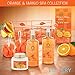 LOVERY Spa Gift Basket - Orange & Mango Scent - Luxury Mother's Day Gift - 7 Piece Bath & Body Set For Women & Men, Contains Shower Gel, Bubble Bath, Body Lotion, Bath Salt, 2 Poufs & Handmade Basket