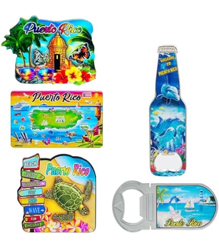 4 Pack Puerto Rico 3D Fridge Magnets – Resin Souvenirs With Coquí Frog, Surfboard, Guitar, Mini Van & El Morro Castle
