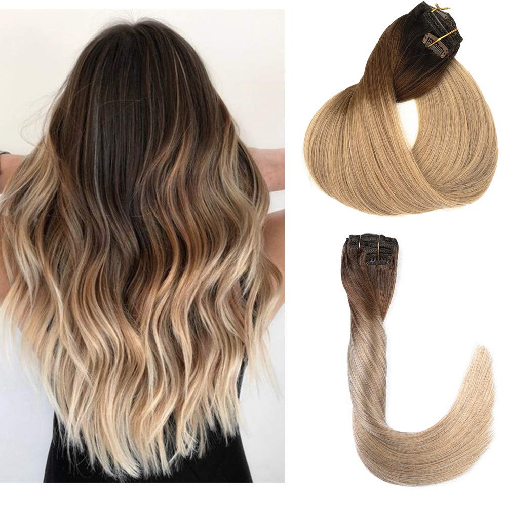 Highlight Clip In Human Hair Extensions Double Weft Ombre Brazilian Hair Thick 160g Dark Brown To Chestnut Brown And Ash Brown Full Head Silky