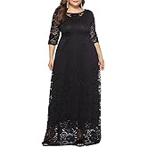 Eternatastic Women's Floral Lace 2/3 Sleeves Maxi Dress Plus Size Evening Party Dresses