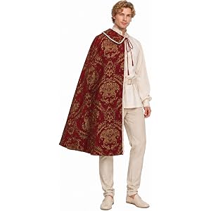 Zixumild Medieval Renaissance Tudor Half Shoulder Cape for Men Noble Tudor King Cloak with Brocade Pattern for Ren Faire LARP
